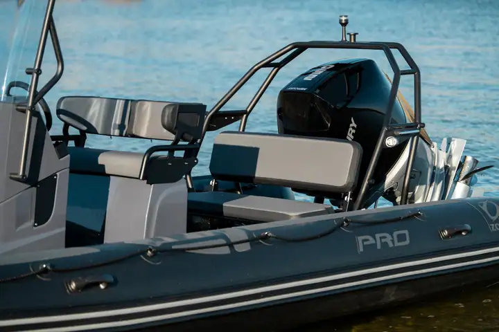The seven-metre Zodiac Pro tender, rigged for surf and watersports